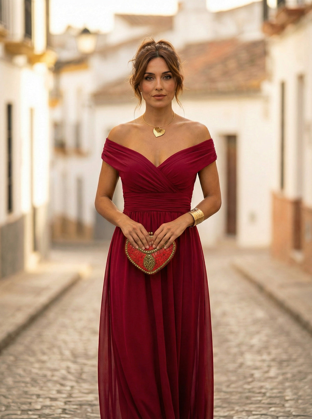 Vestido Largo de Gala Plisado Hombros Descubiertos
