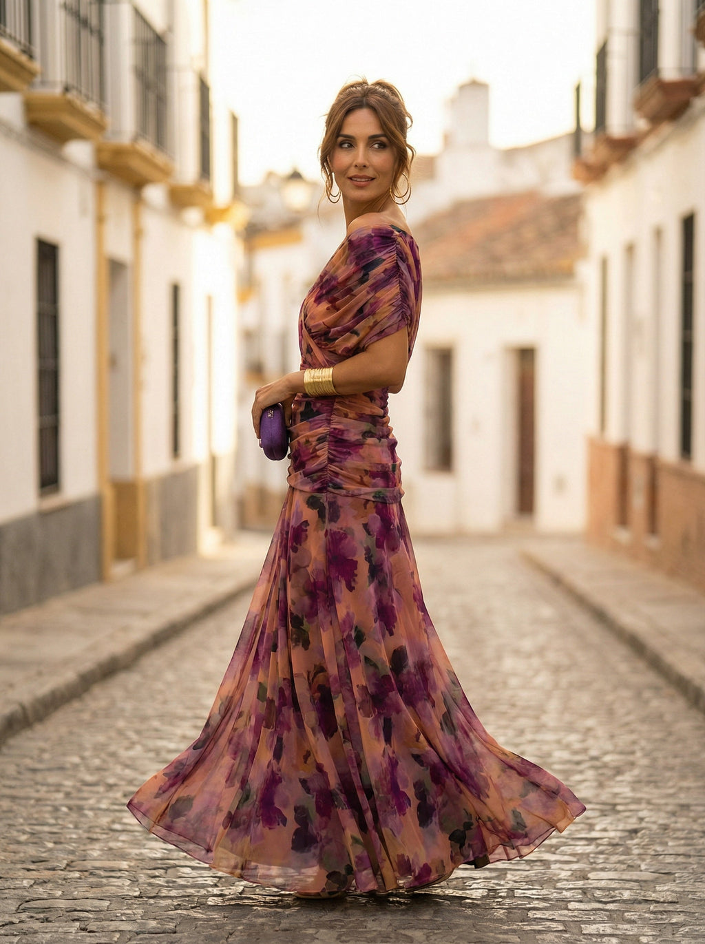 Vestido Largo de Gala Plisado Hombros Descubiertos