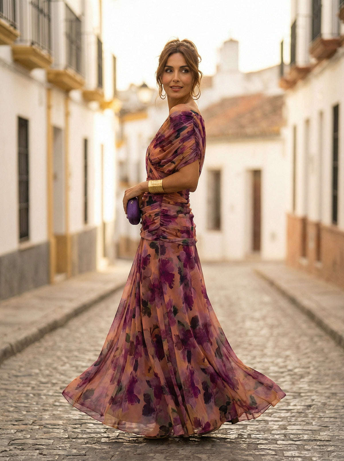 Vestido Largo de Gala Plisado Hombros Descubiertos
