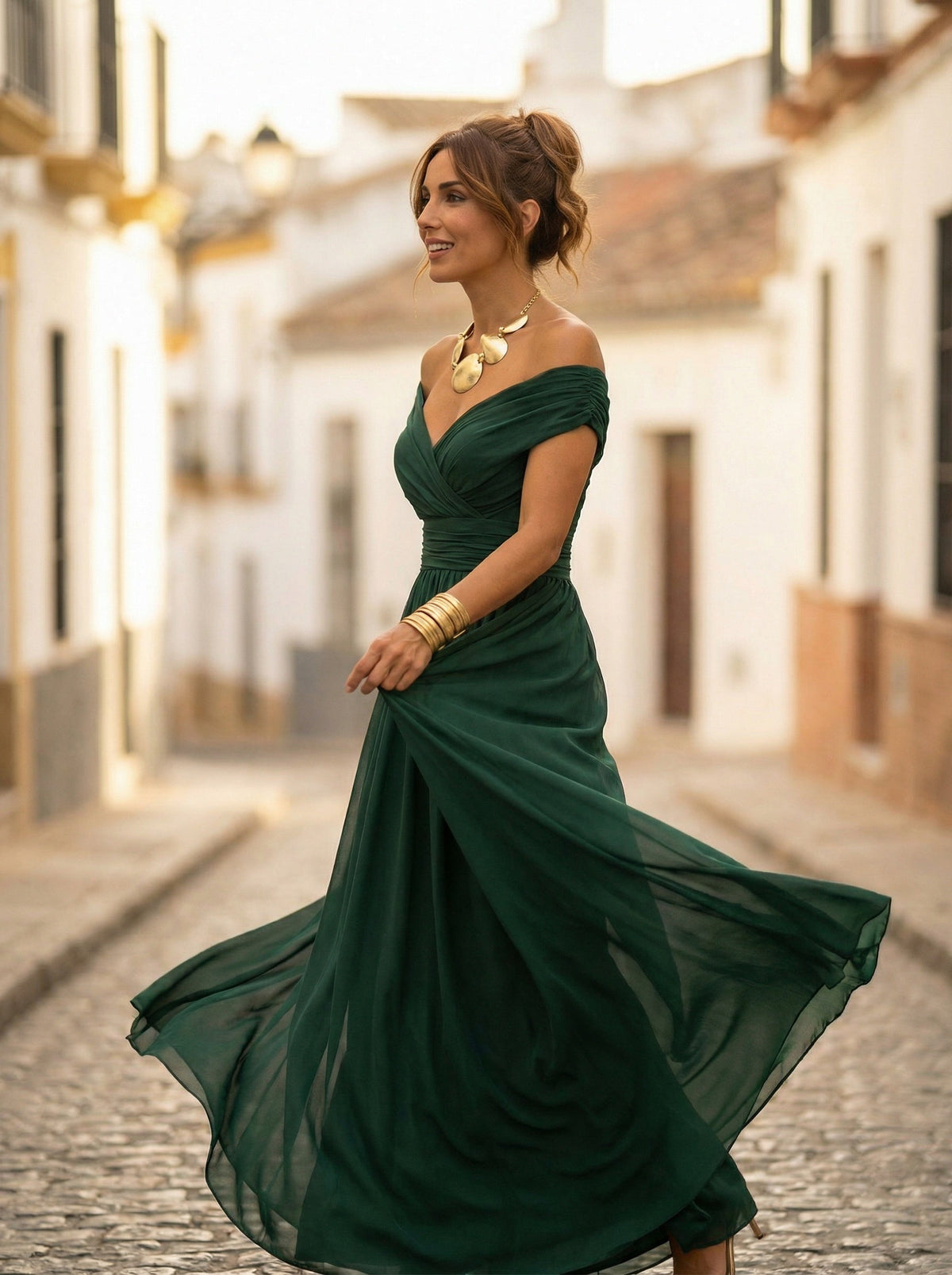 Vestido Largo de Gala Plisado Hombros Descubiertos