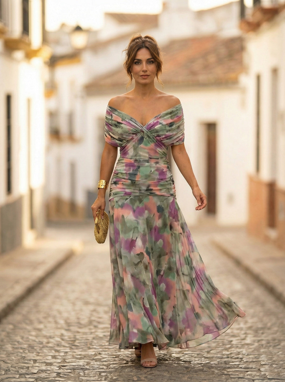 Vestido Largo de Gala Plisado Hombros Descubiertos