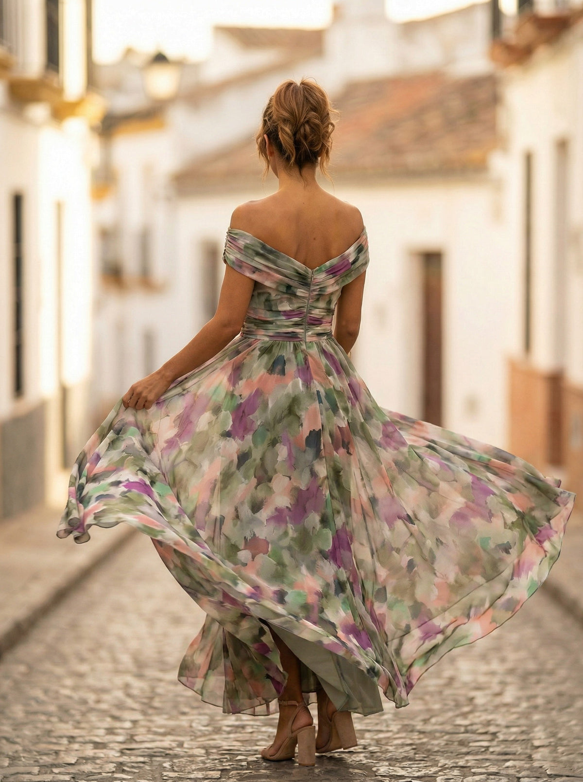 Vestido Largo de Gala Plisado Hombros Descubiertos