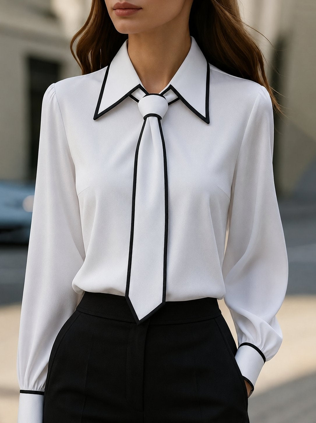 Lazo Blanco | Camisa Blanca Mujer de Manga Larga Cuello con Lazo