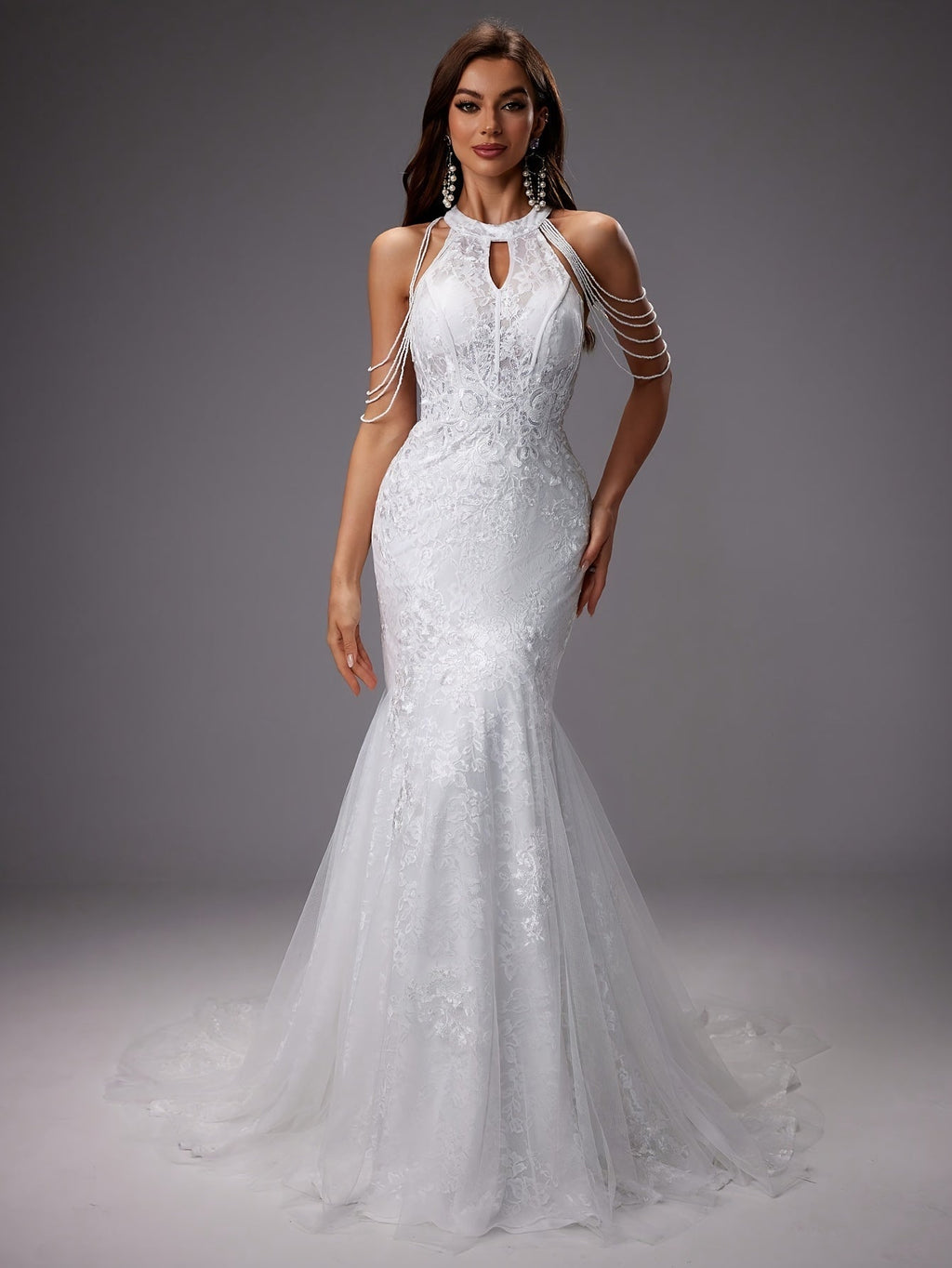 Vestido de Novia Sirena de Encaje con Cuello Halter