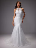 Vestido de Novia Sirena de Encaje con Cuello Halter