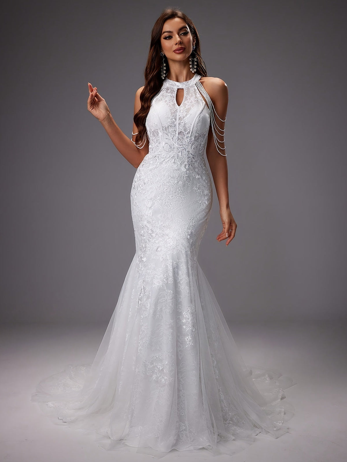 Vestido de Novia Sirena de Encaje con Cuello Halter