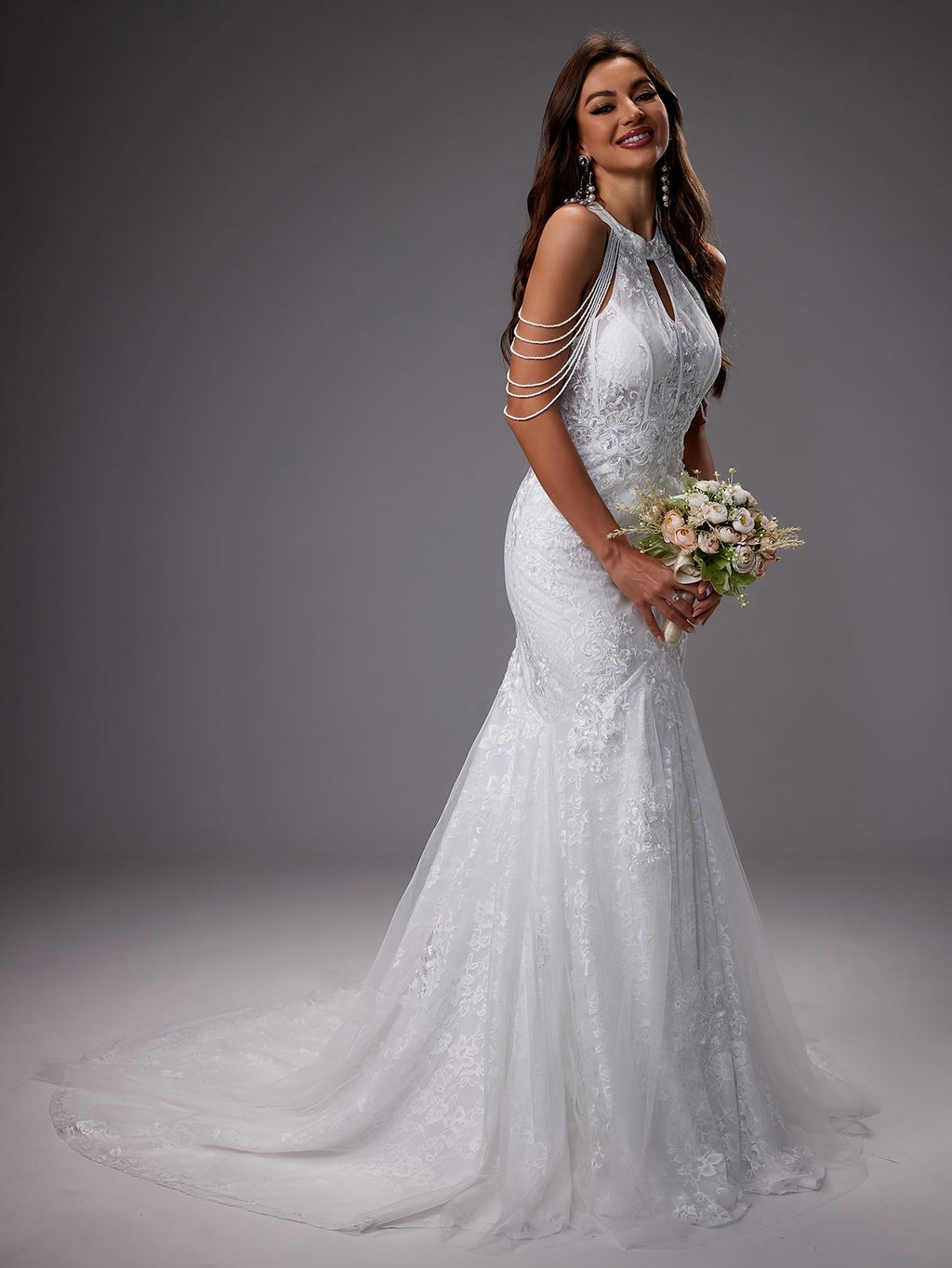 Vestido de Novia Sirena de Encaje con Cuello Halter