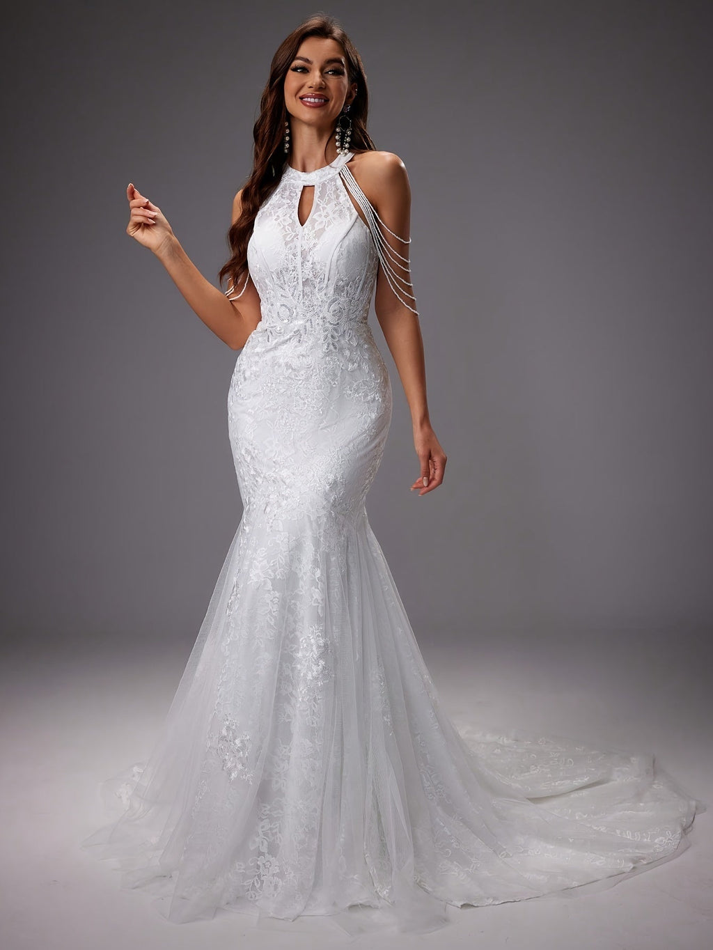 Vestido de Novia Sirena de Encaje con Cuello Halter