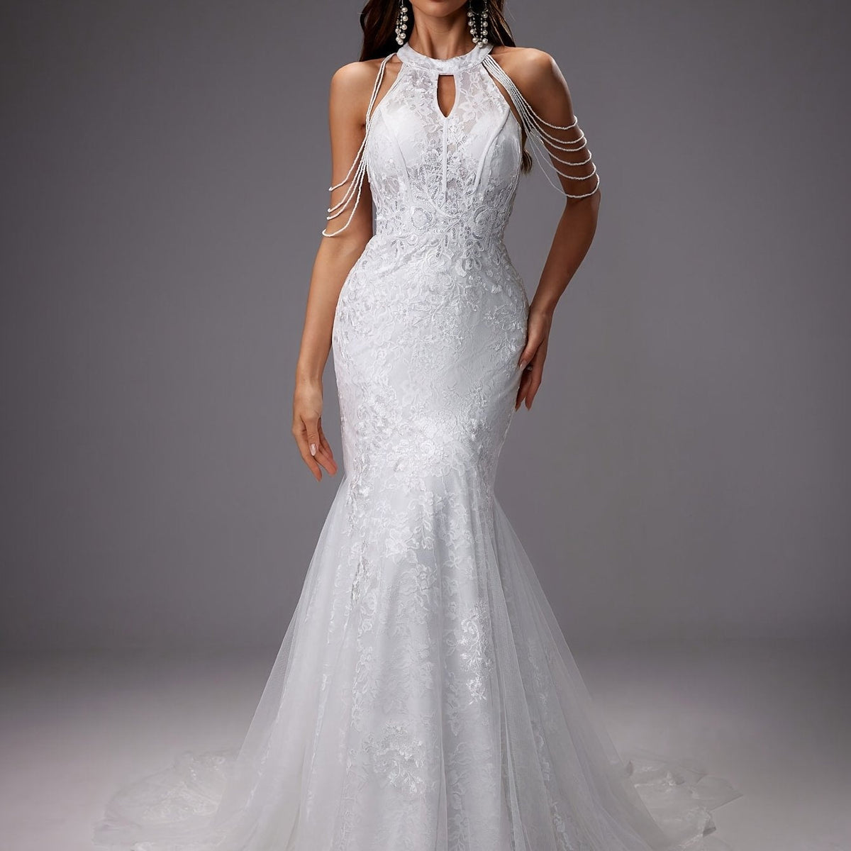 Vestido de Novia Sirena de Encaje con Cuello Halter