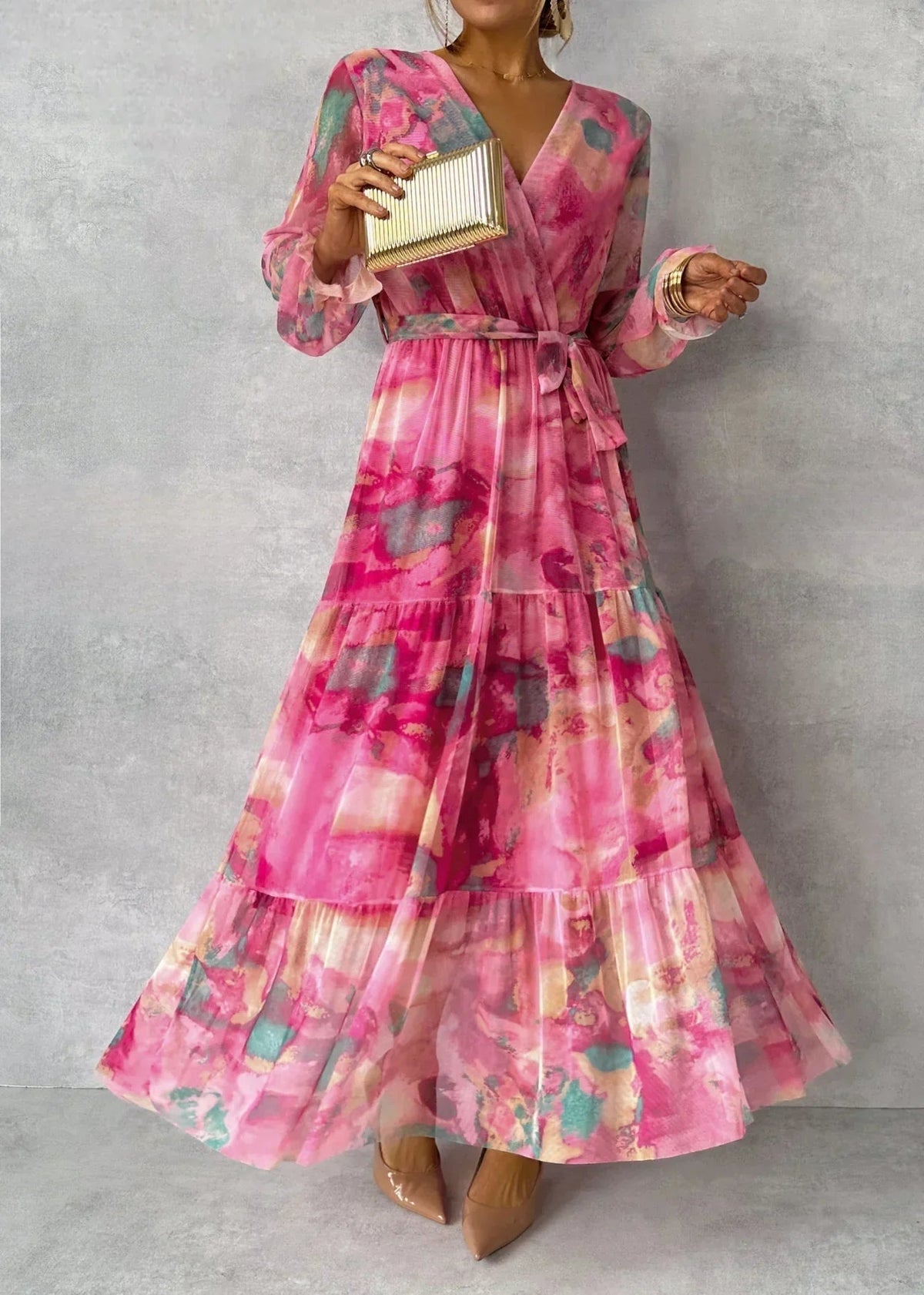 Vestido de Invitada de Invierno Estampado con Manga Larga