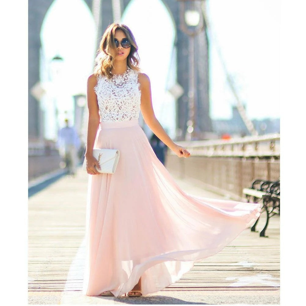 Vestido Largo de Encaje con Falda de Gasa y Sin Mangas