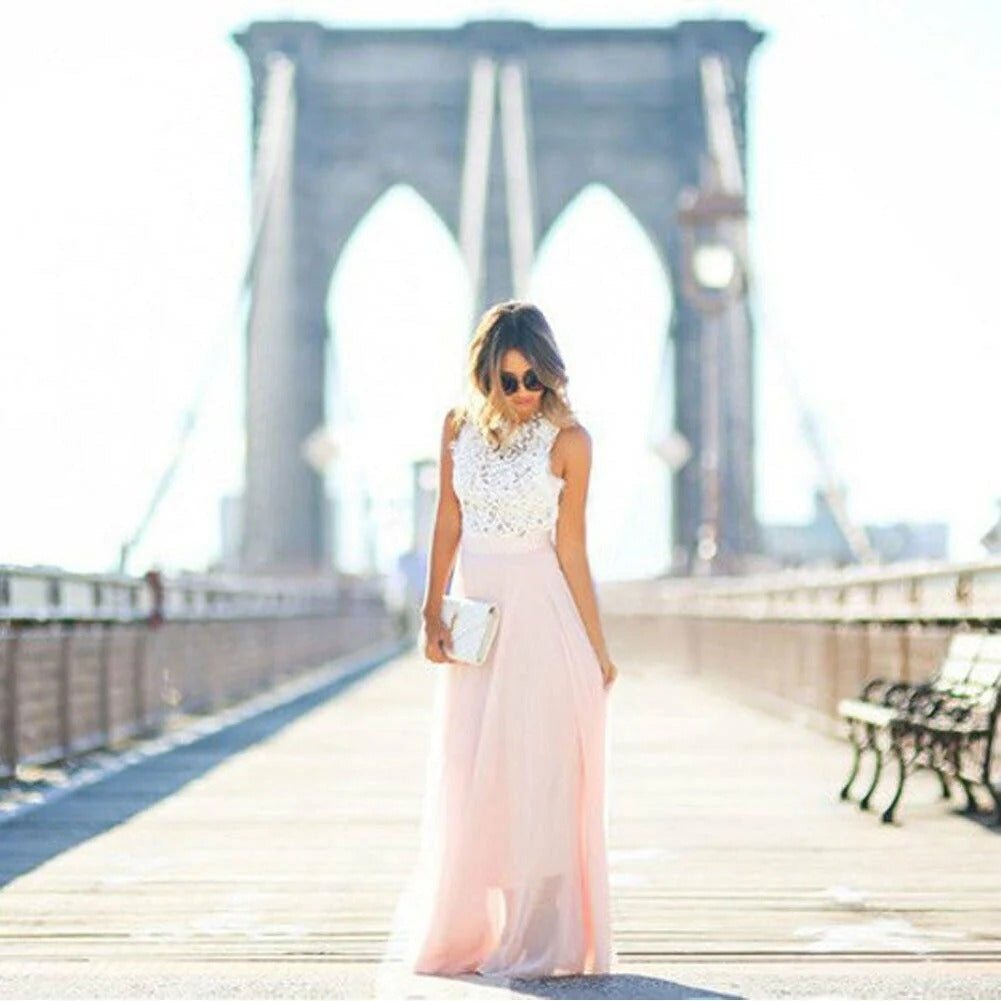 Vestido Largo de Encaje con Falda de Gasa y Sin Mangas