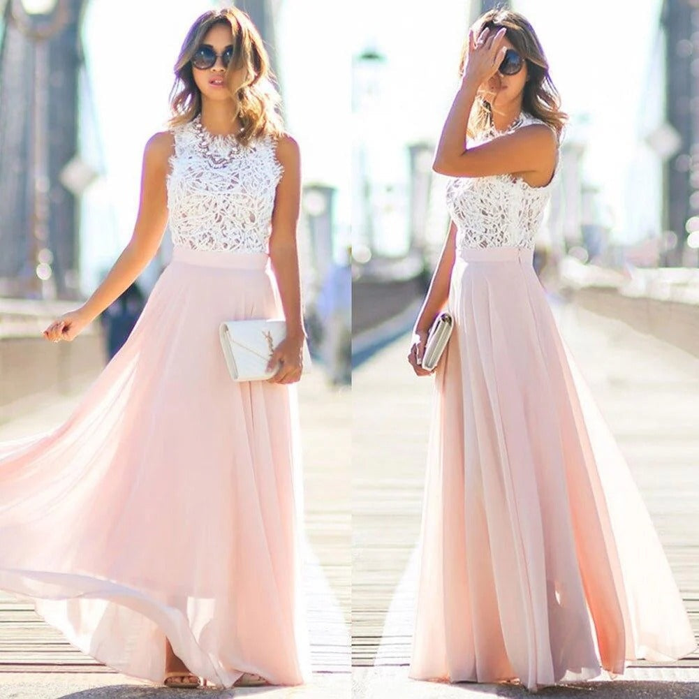 Vestido Largo de Encaje con Falda de Gasa y Sin Mangas
