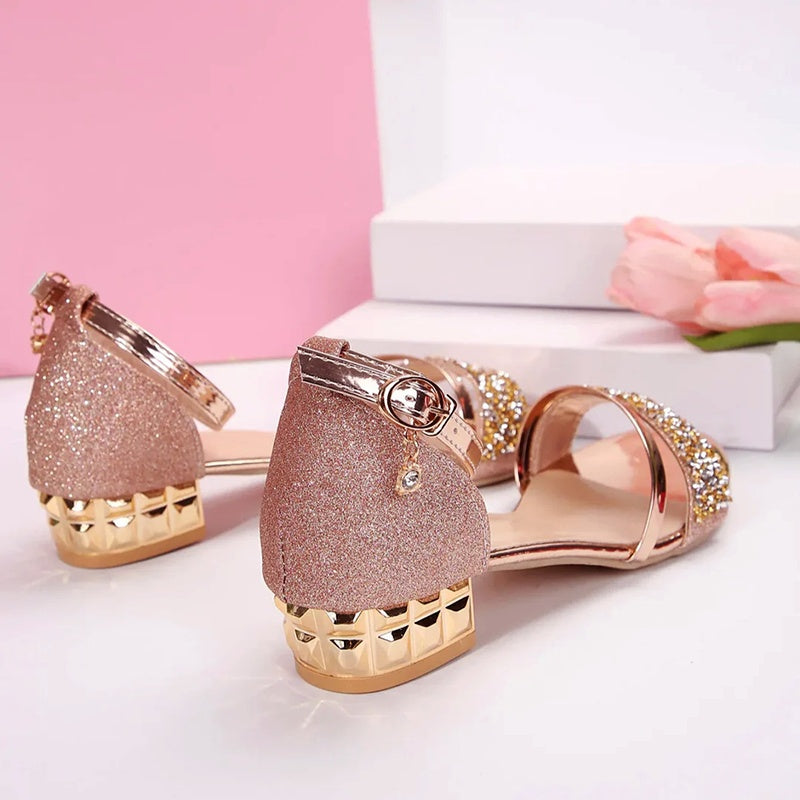 Sandalias de Tacón Bajo con Strass y Correa al Tobillo para Mujer