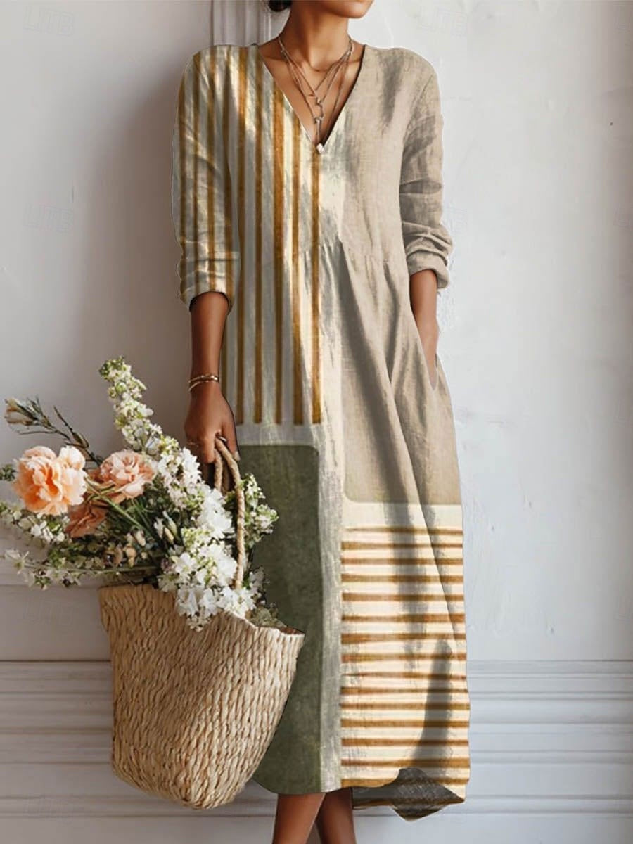 Vestido Boho de Lino Estampado Midi para Mujer