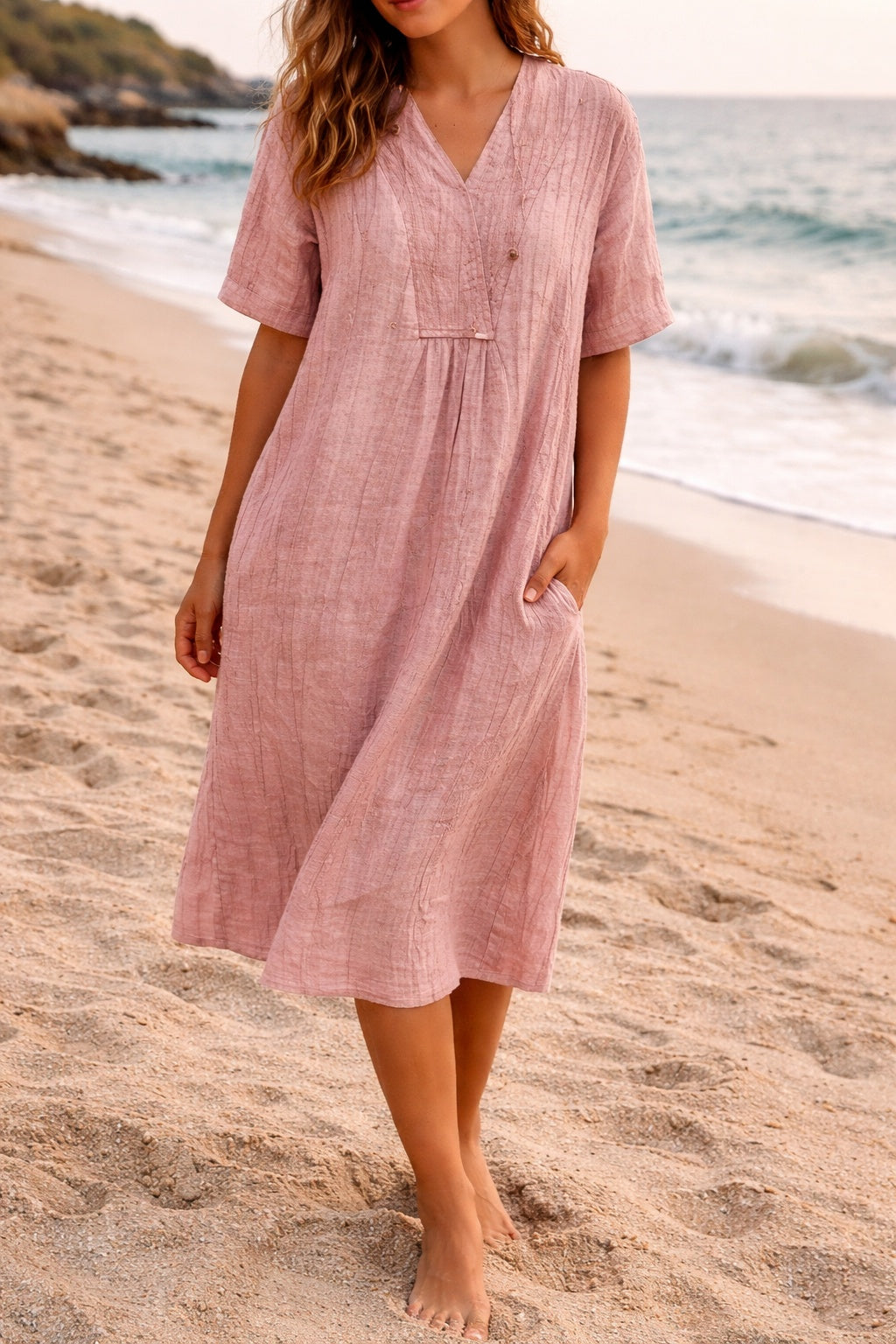 Vestido de Lino Escote en Pico Midi para Mujer