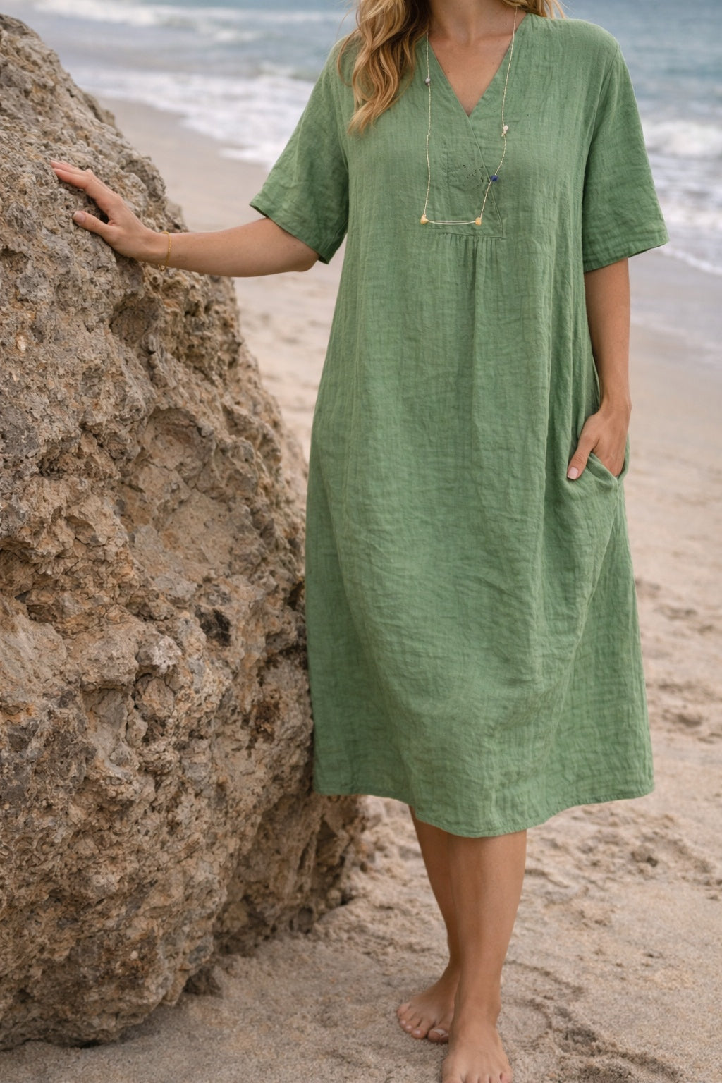 Vestido de Lino Escote en Pico Midi para Mujer