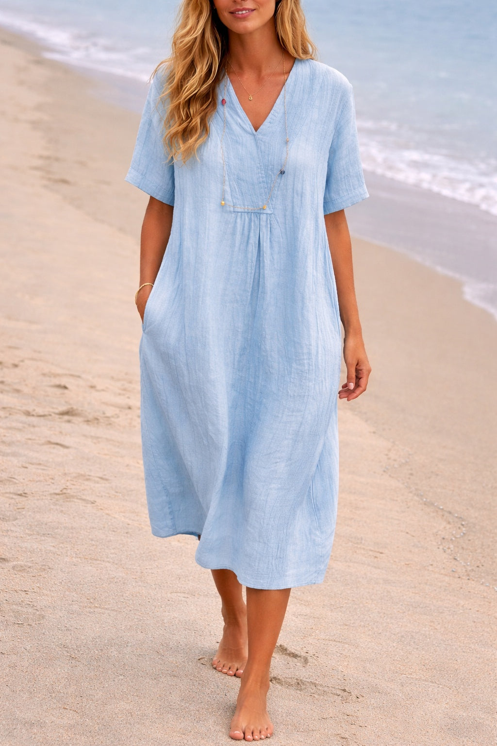 Vestido de Lino Escote en Pico Midi para Mujer