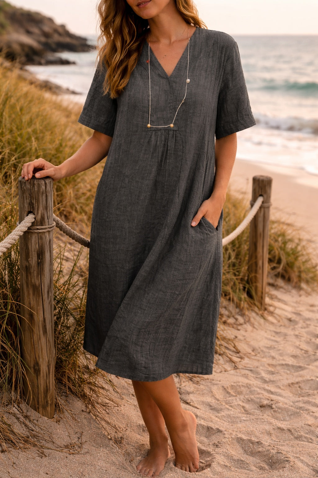 Vestido de Lino Escote en Pico Midi para Mujer