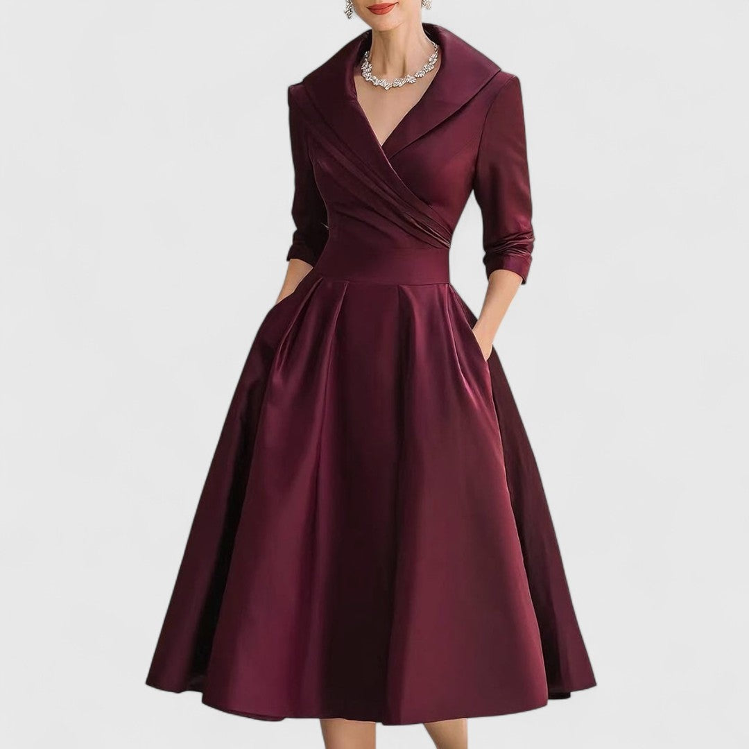 Vestido Midi de Novia Sencillo con Manga 3/4 y Falda Evasé