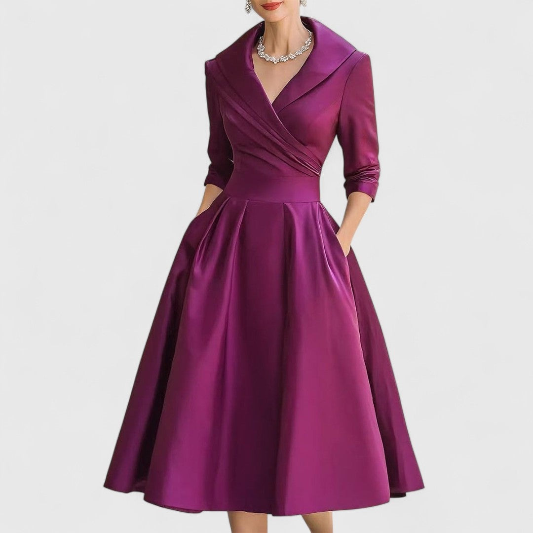 Vestido Midi de Novia Sencillo con Manga 3/4 y Falda Evasé