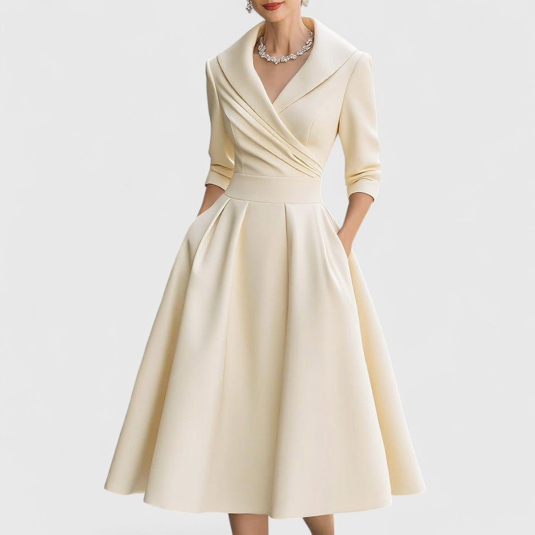 Vestido Midi de Novia Sencillo con Manga 3/4 y Falda Evasé