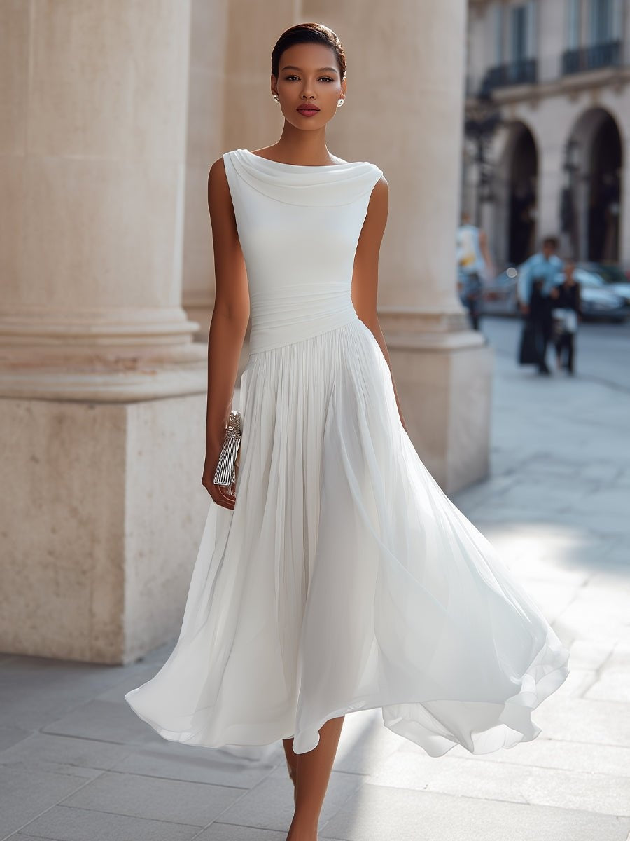 Vestido de Boda de Día Midi Drapeado con Falda Fluida