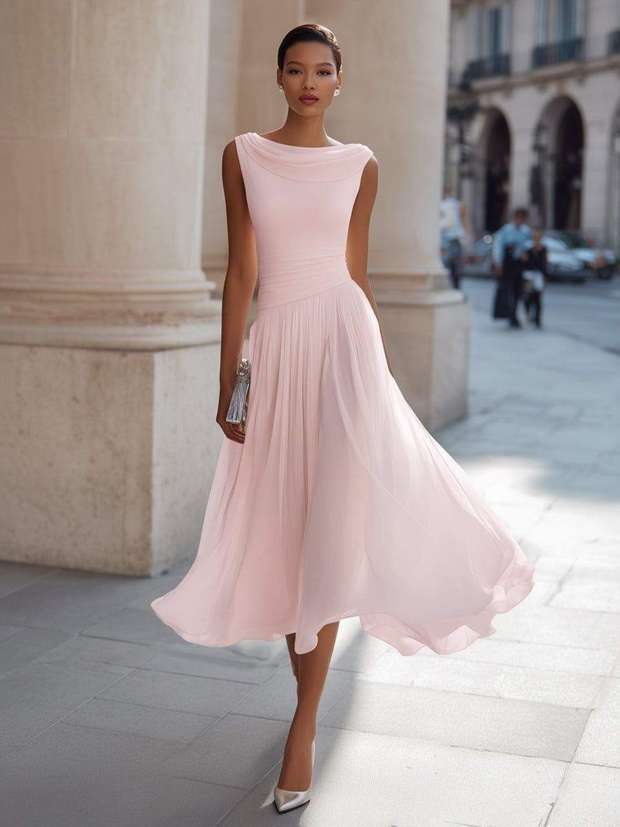 Vestido de Boda de Día Midi Drapeado con Falda Fluida