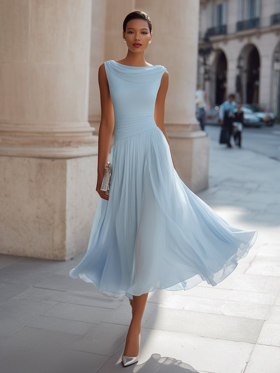 Vestido de Boda de Día Midi Drapeado con Falda Fluida