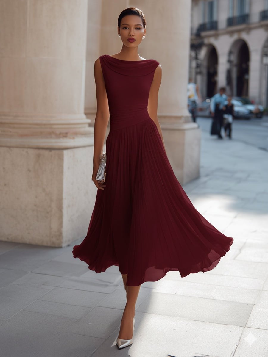 Vestido de Boda de Día Midi Drapeado con Falda Fluida