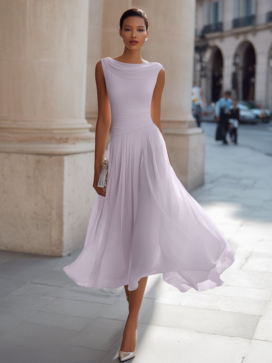Vestido de Boda de Día Midi Drapeado con Falda Fluida