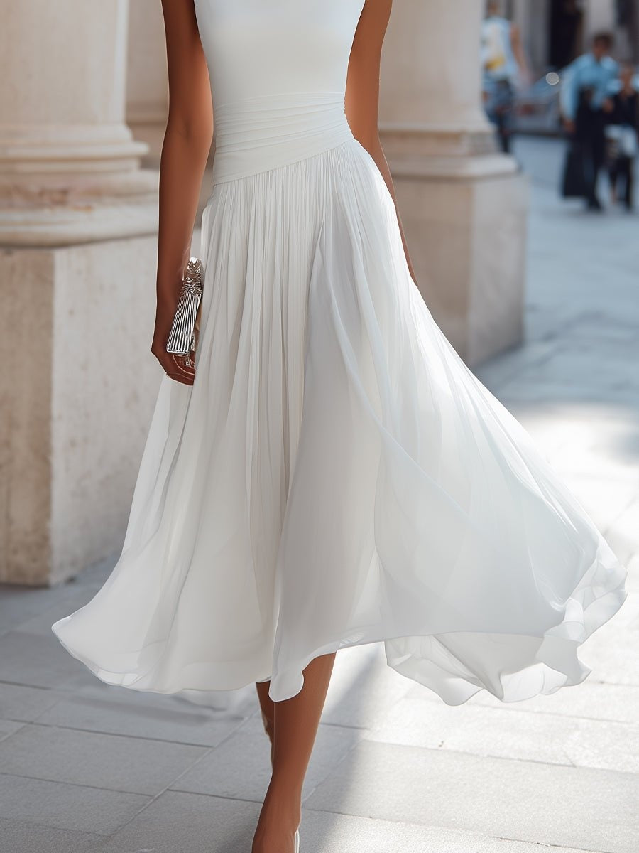 Vestido de Boda de Día Midi Drapeado con Falda Fluida