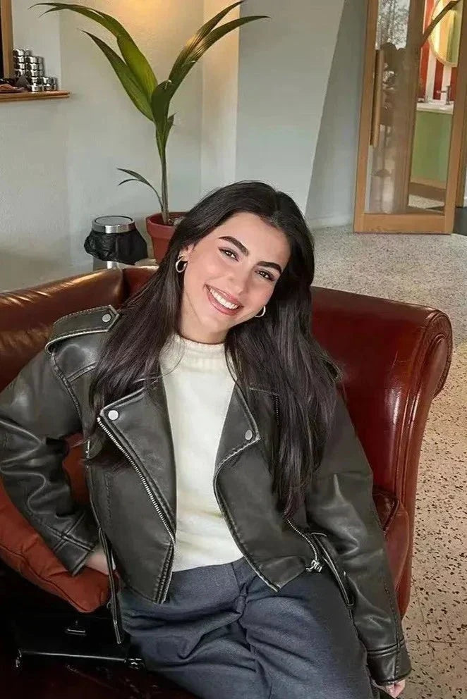 Chaqueta Motera de Polipiel Corta con Cinturón para Mujer