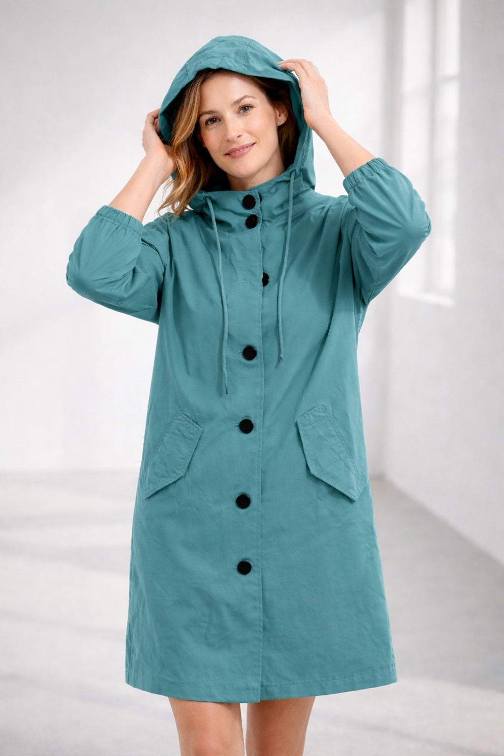 Chaqueta Larga con Capucha Manga 3/4 para Mujer
