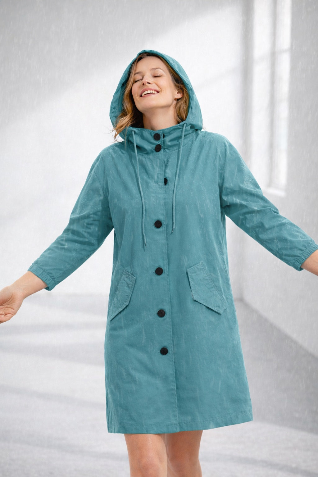 Chaqueta Larga con Capucha Manga 3/4 para Mujer