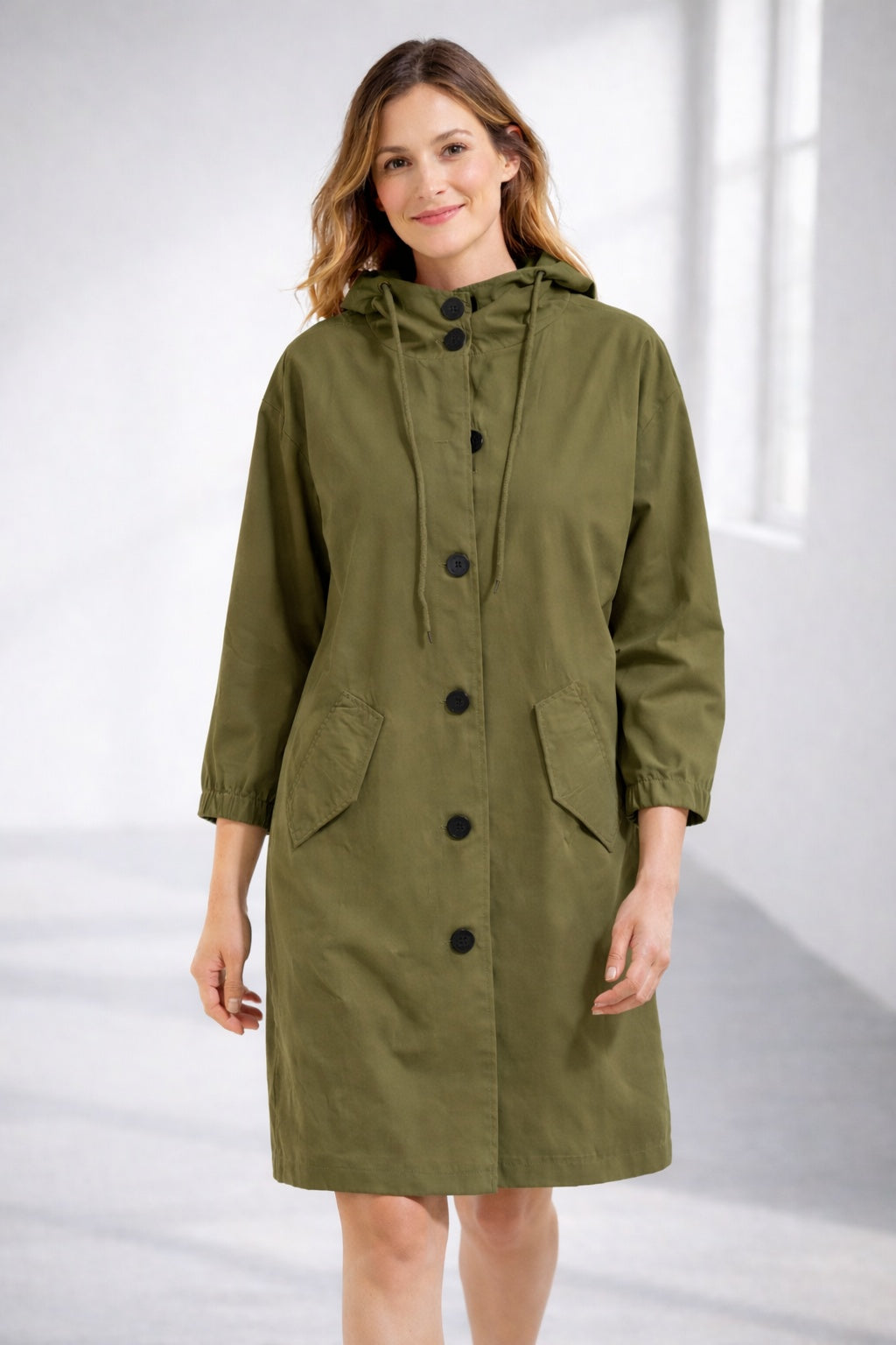 Chaqueta Larga con Capucha Manga 3/4 para Mujer