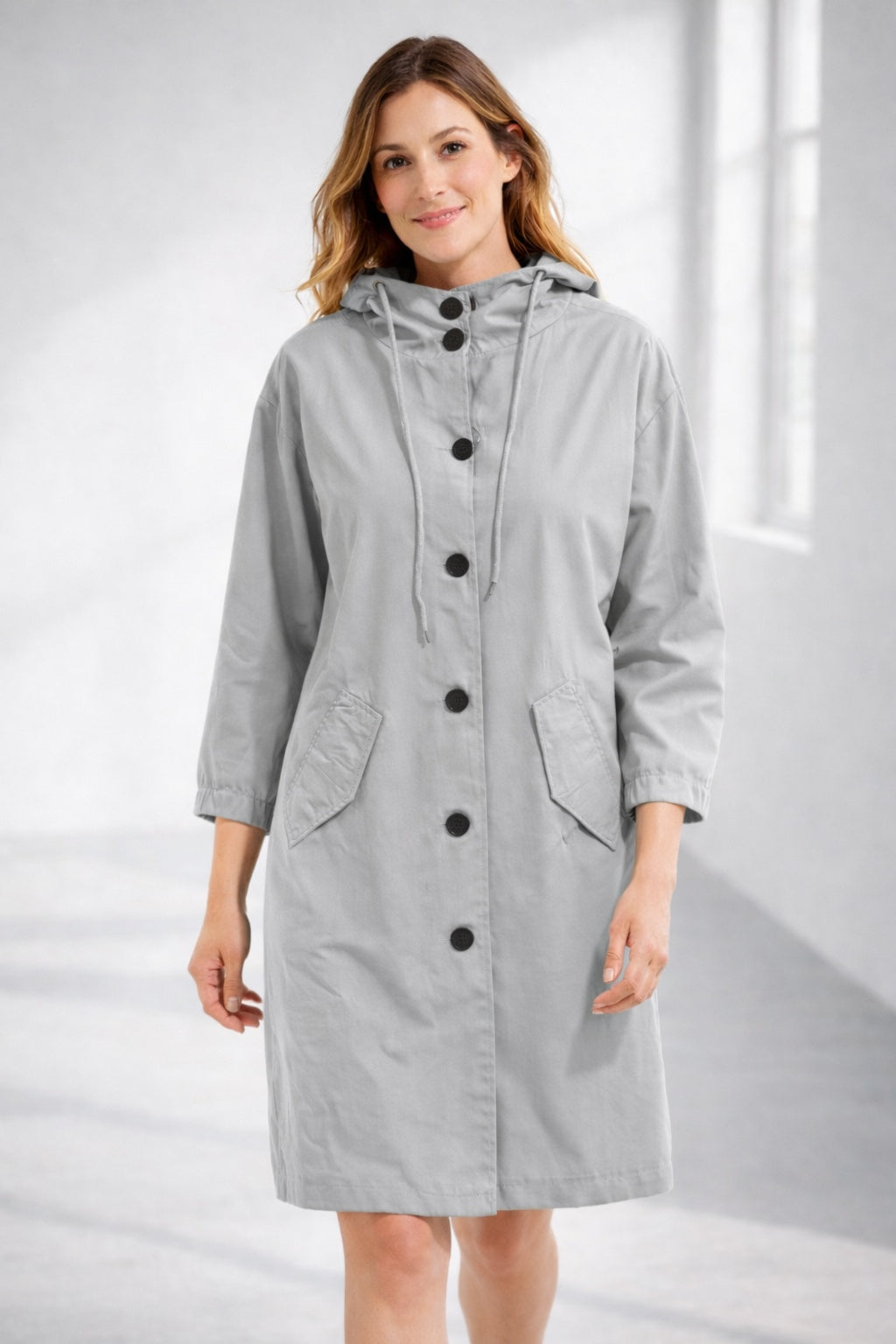 Chaqueta Larga con Capucha Manga 3/4 para Mujer