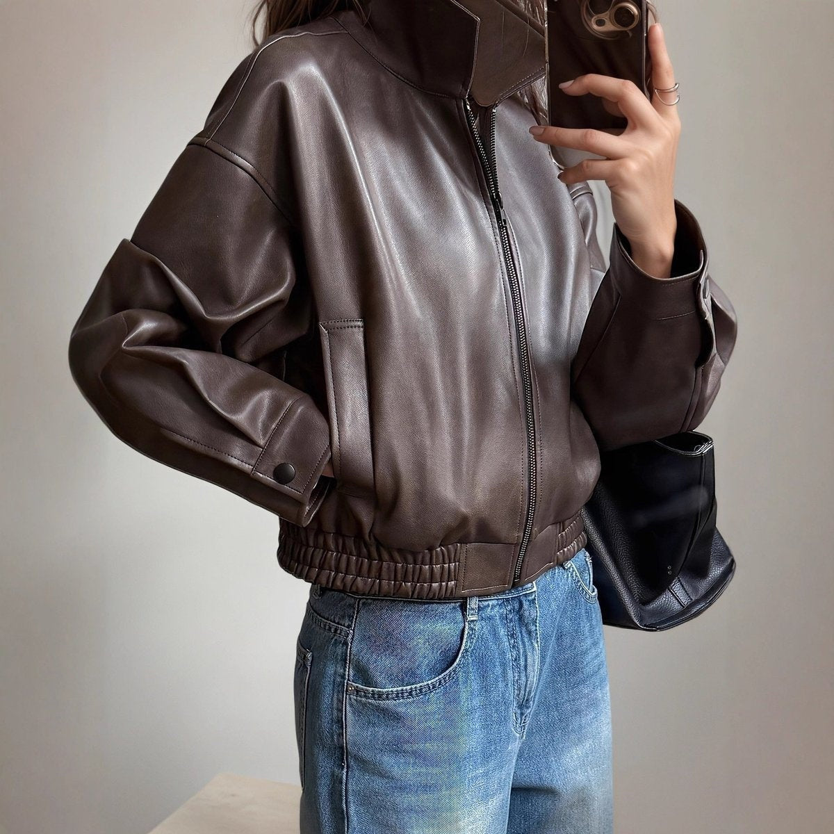 Chaqueta Motera de Piel Cintura Elástica para Mujer