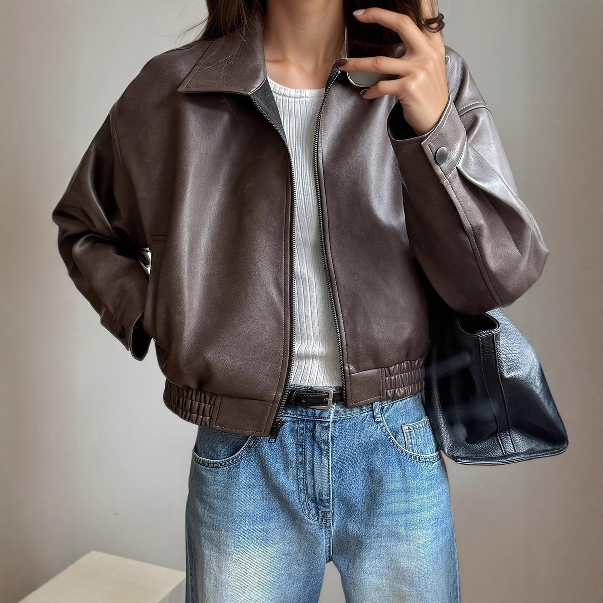 Chaqueta Motera de Piel Cintura Elástica para Mujer