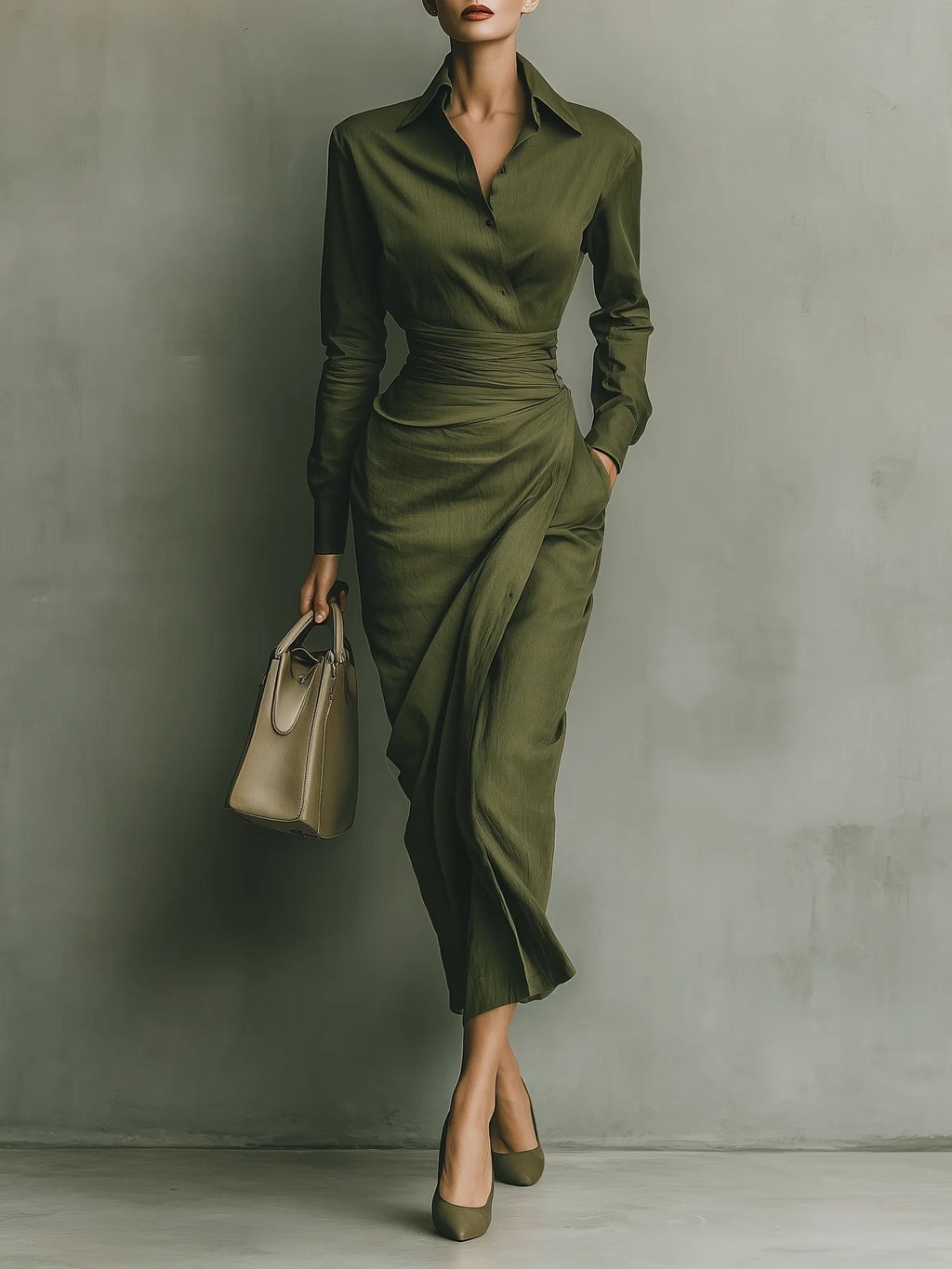 Vestido Camisero Drapeado de Manga Larga