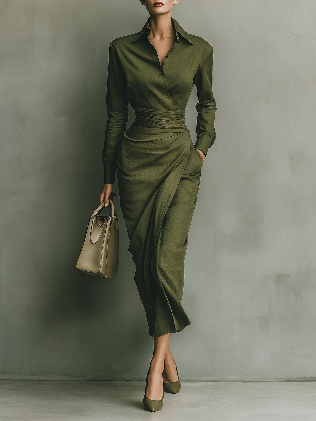 Vestido Camisero Drapeado de Manga Larga
