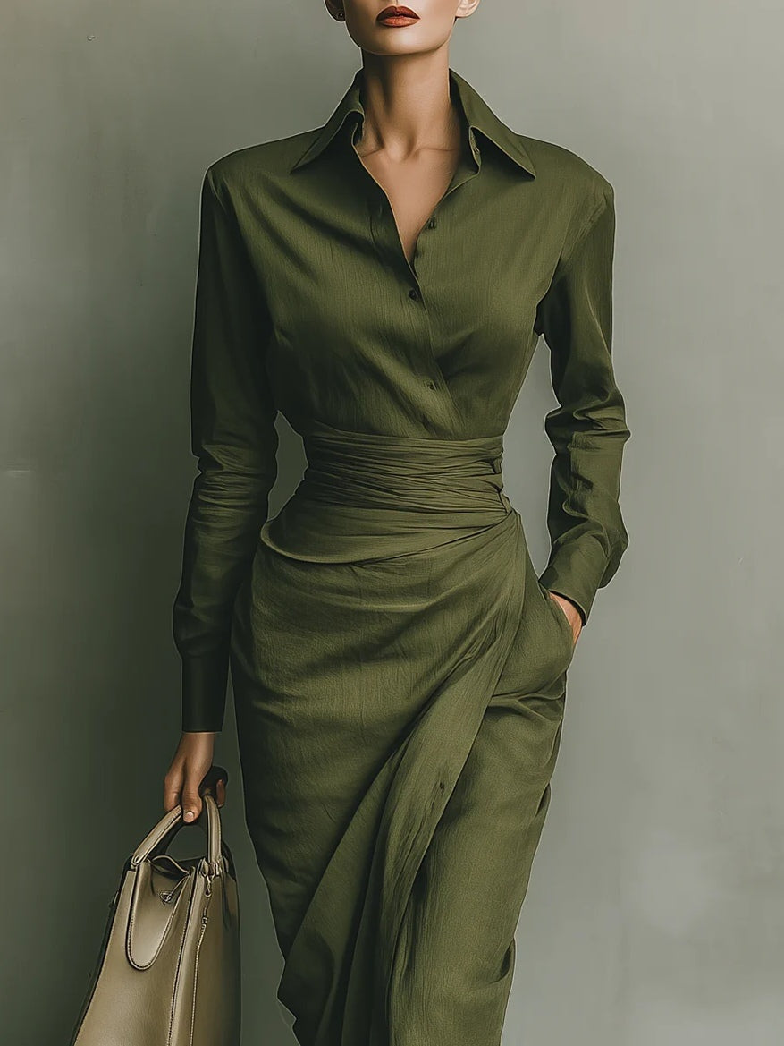 Vestido Camisero Drapeado de Manga Larga