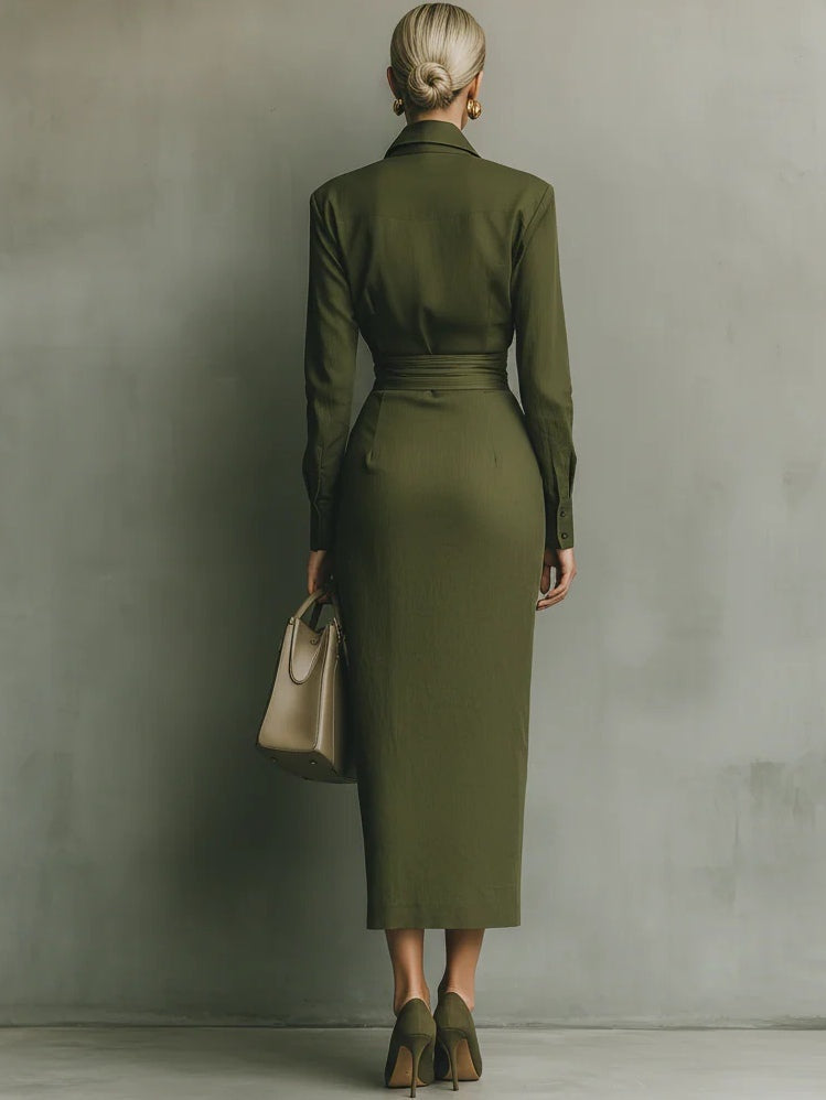 Vestido Camisero Drapeado de Manga Larga