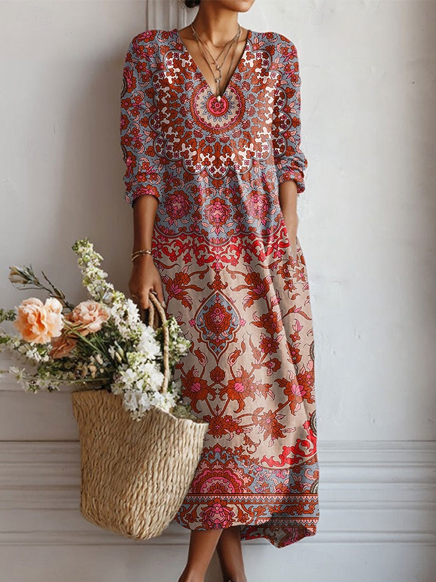 Vestido Boho de Lino Estampado Midi para Mujer