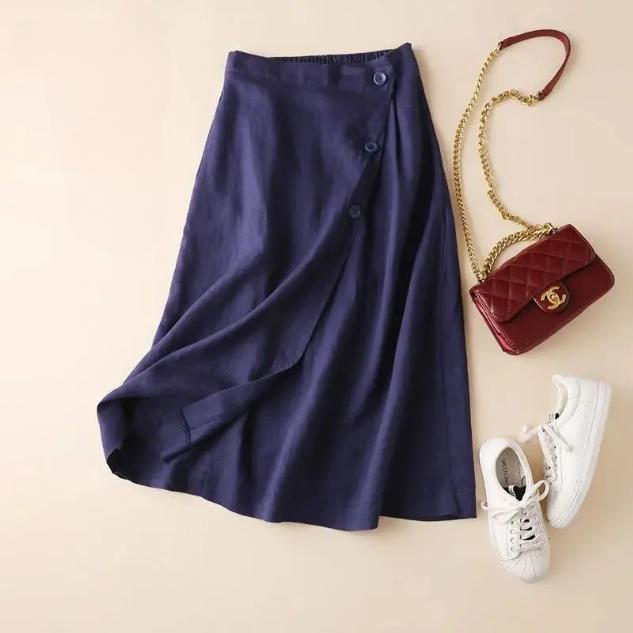 Falda Midi de Lino Envolvente con Botones