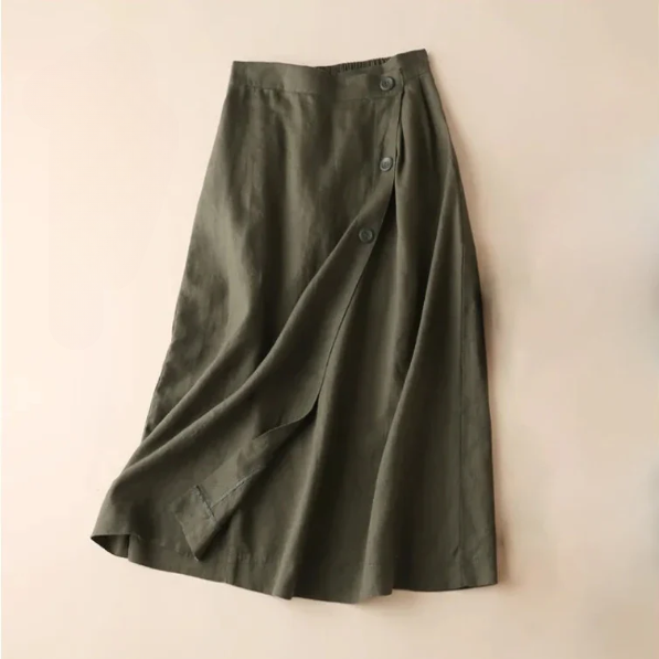 Falda Midi de Lino Envolvente con Botones