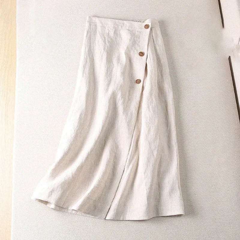 Falda Midi de Lino Envolvente con Botones