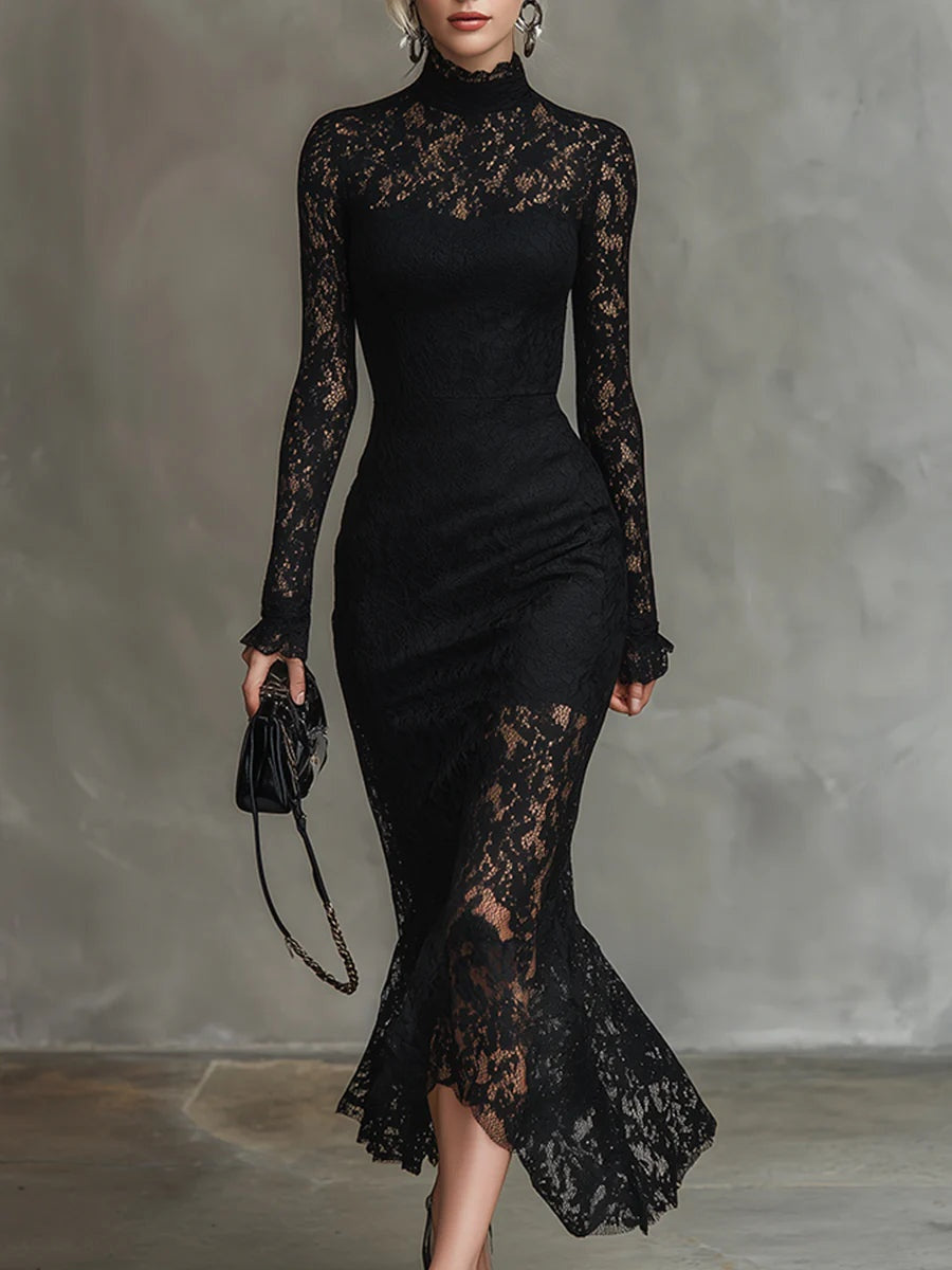 Vestido de Encaje de Invitada de Invierno con Manga Larga y Cuello Alto