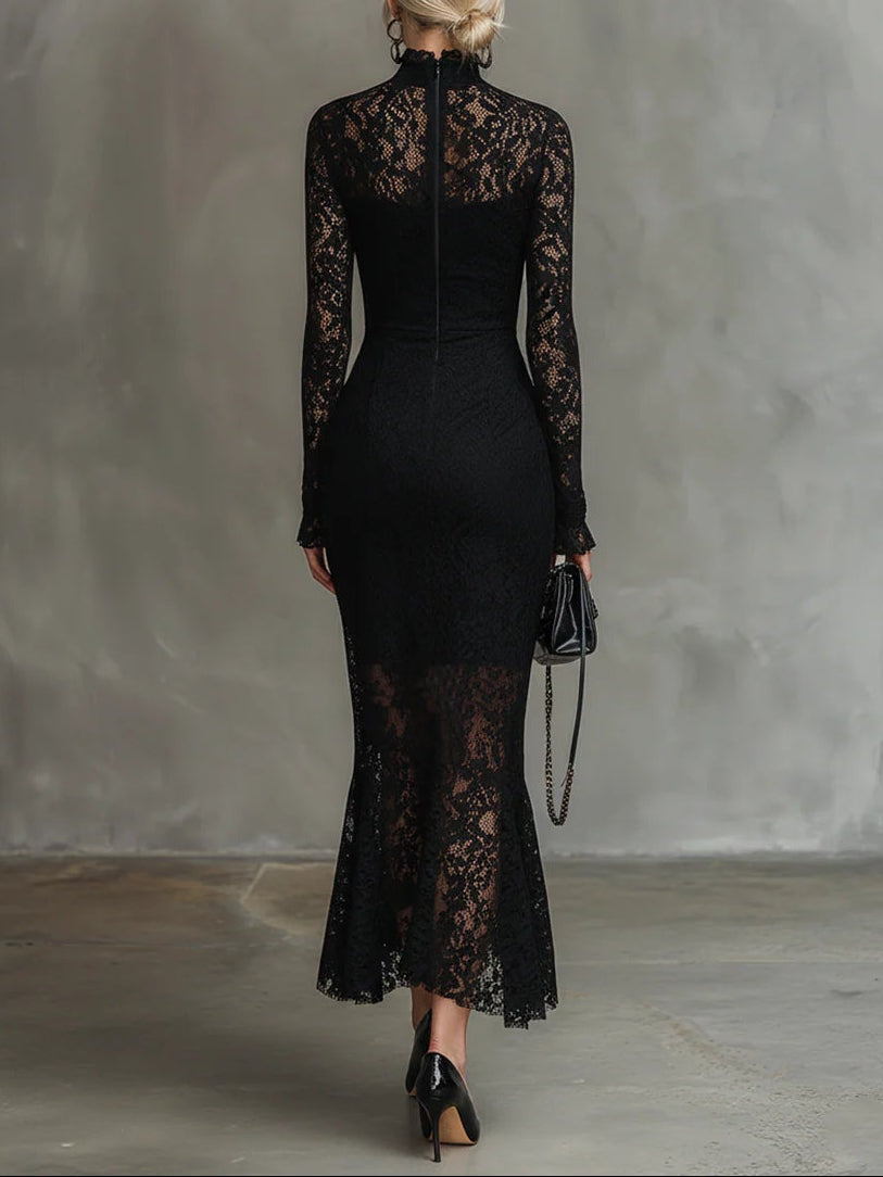 Vestido de Encaje de Invitada de Invierno con Manga Larga y Cuello Alto