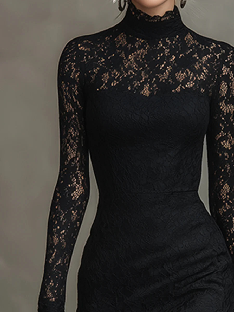 Vestido de Encaje de Invitada de Invierno con Manga Larga y Cuello Alto